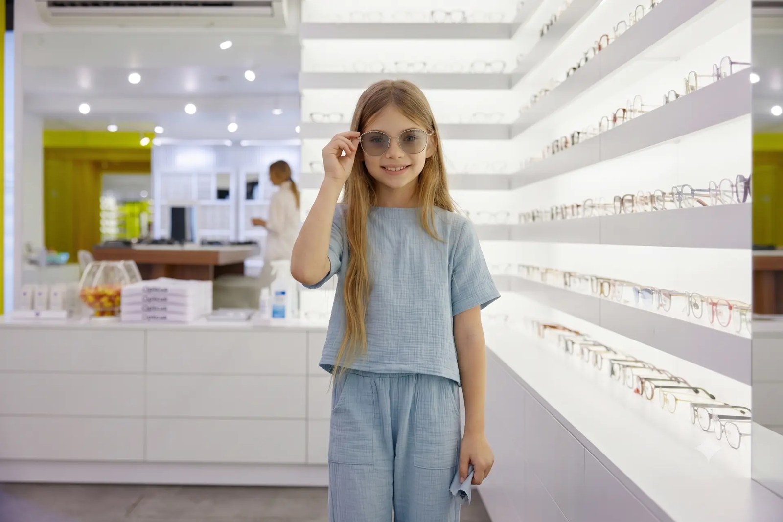 Child having a friendly eye exam and trying on kids glasses in Burlington