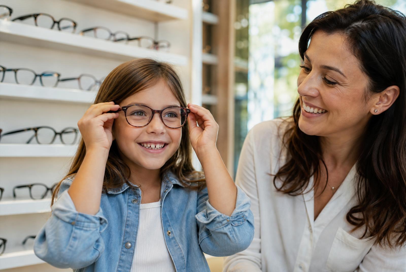 Child trying on colorful kids eyeglasses with an optometrist in Burlington