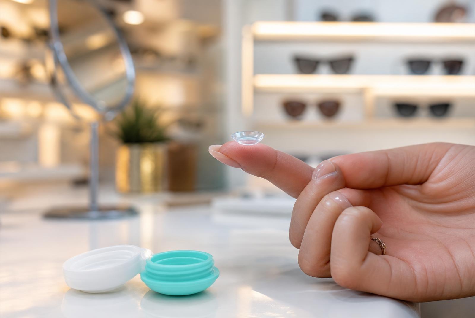 Close-up of a soft contact lens on a fingertip with a contact lens case in the background