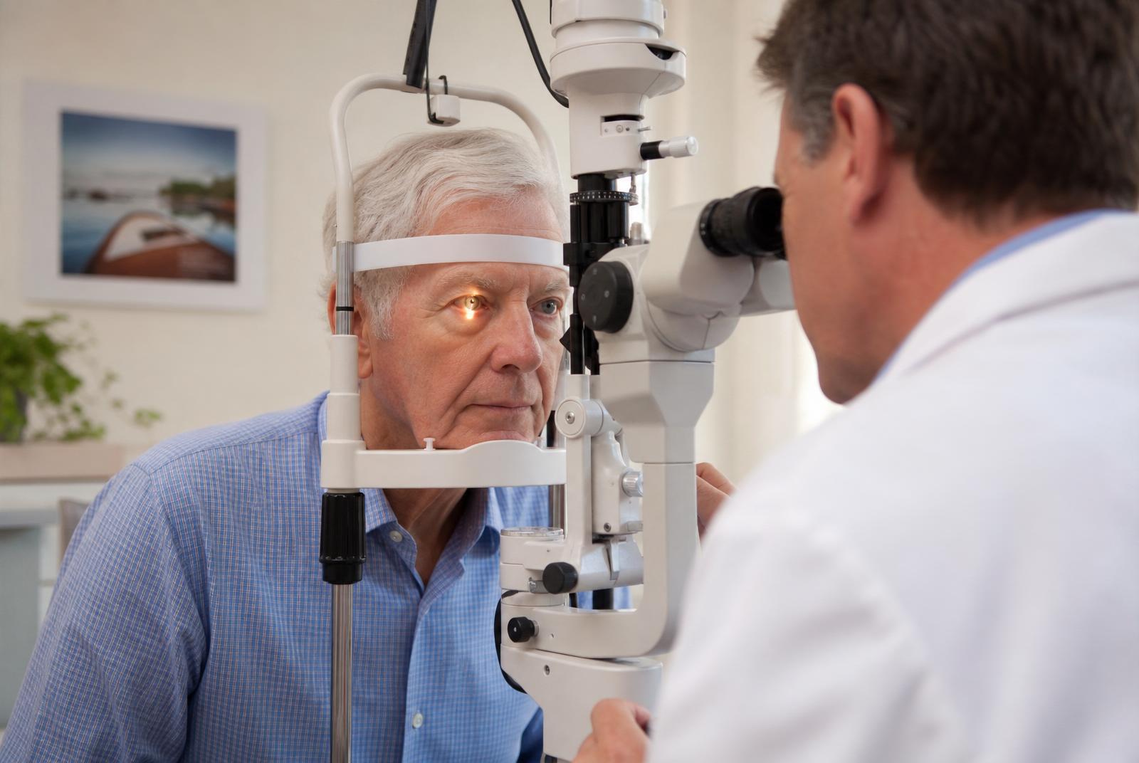 Senior patient receiving a slit lamp eye exam at a Burlington optical clinic